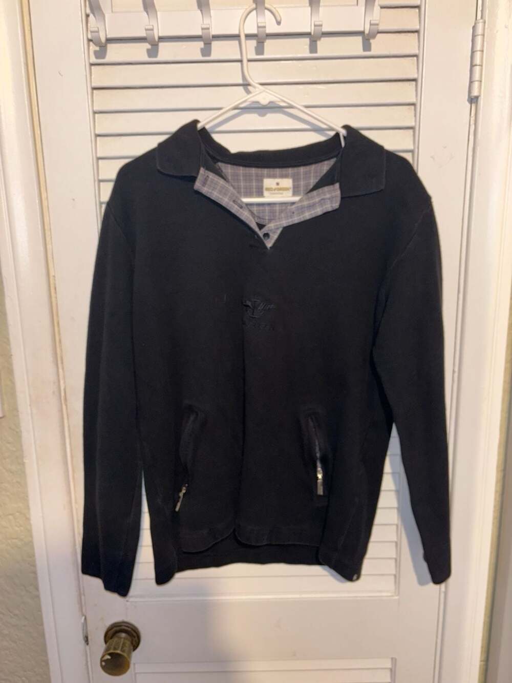 Red Green Pullover Sweater Size M Black Anchor Logo Plaid Collar